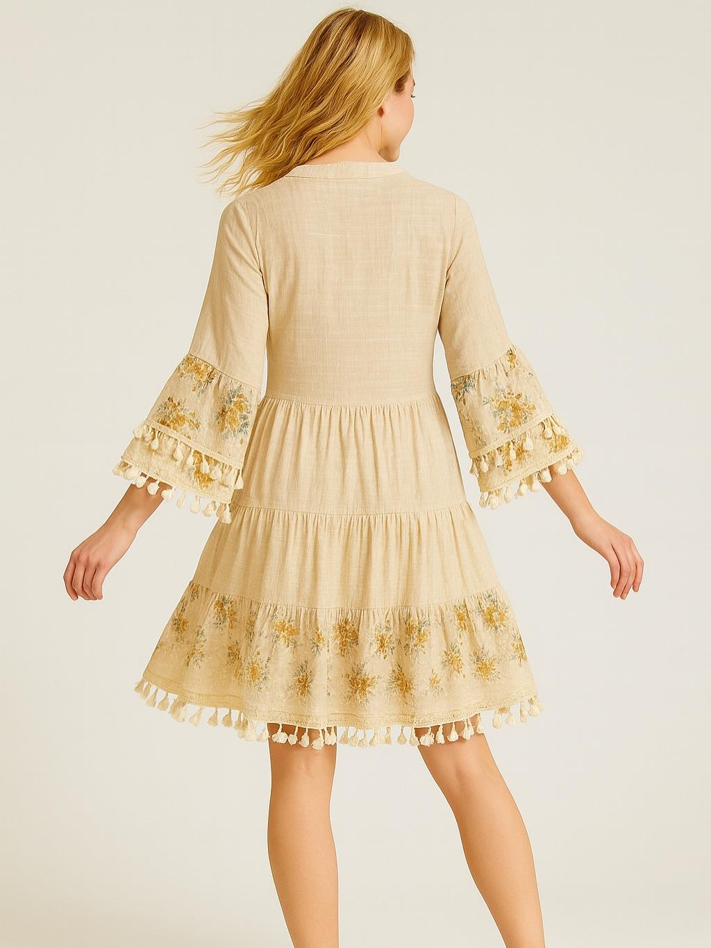 İtalyan Özel Tasarım  Kısa Keten Elbise - BEJ