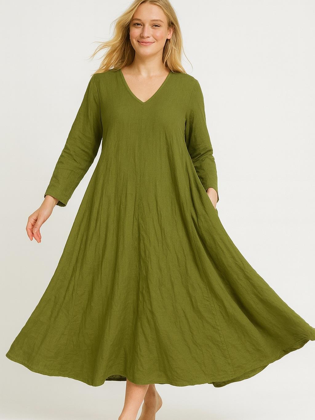 İtalyan Keten V Yaka Elbise - YEŞİL