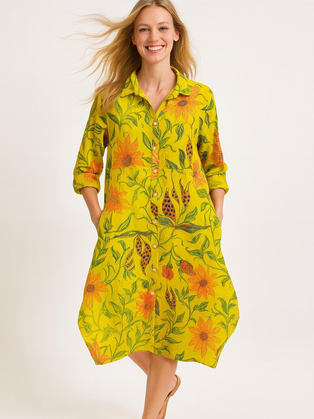 İtalyan Keten Dal Desenli Elbise - SARI