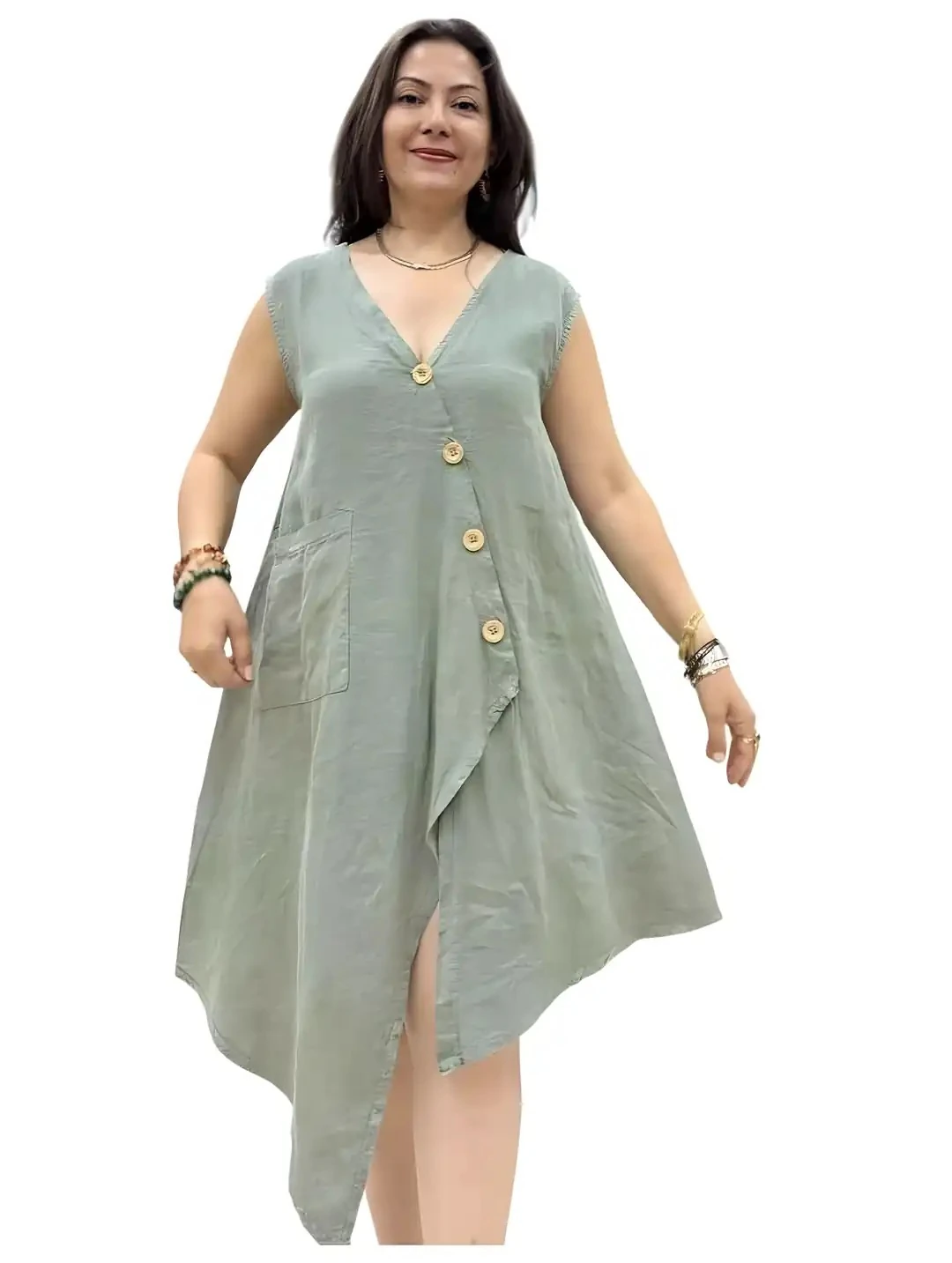 İtalyan Keten Tasarım Elbise - HAKİ