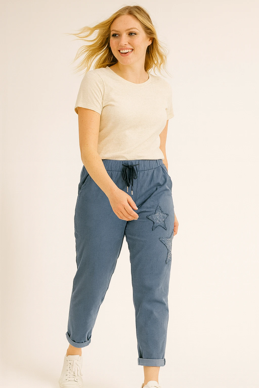 İtalyan Yıldız Detaylı Likralı Pantolon - MAVİ