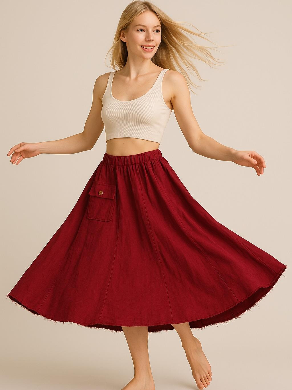 İtalyan Kadife Cepli Etek - BORDO