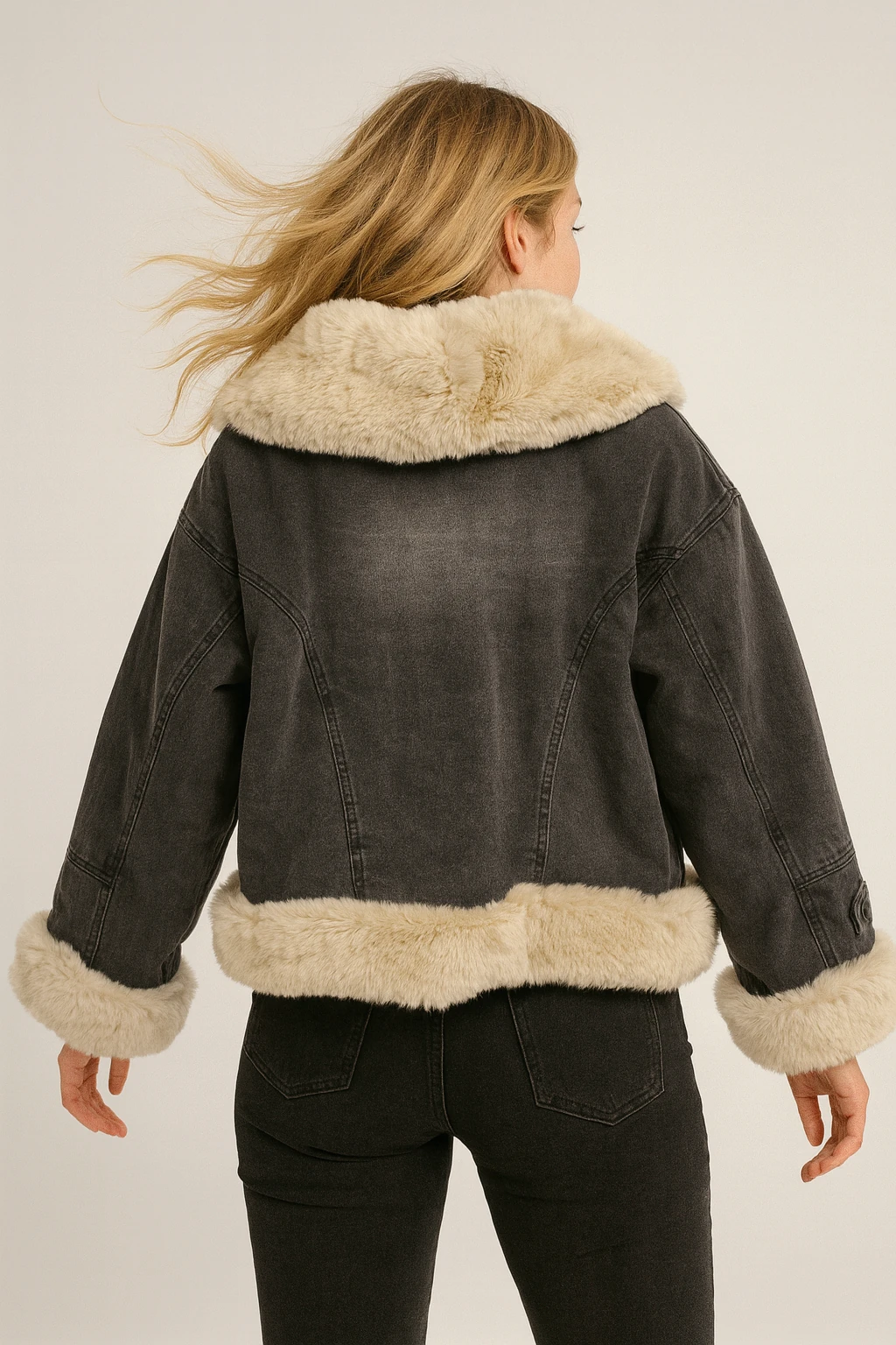 İtalyan Kürk Detaylı Kot Ceket - SİYAH