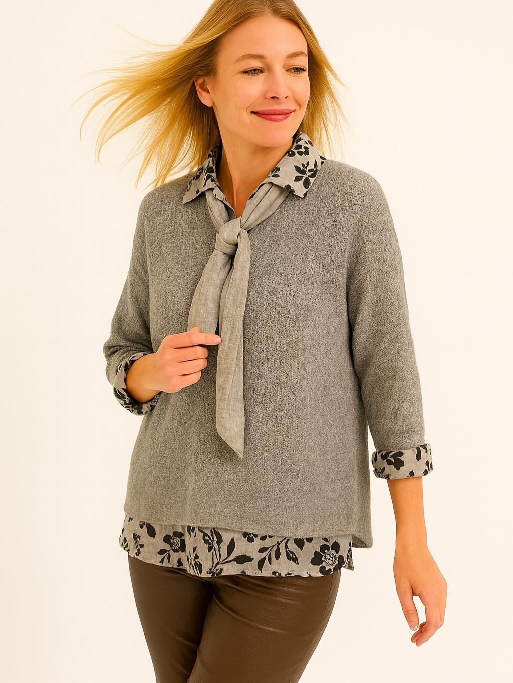 İtalyan Fularlı Triko Takım Bluz - KREM