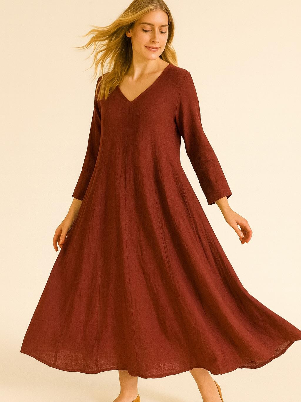 İtalyan Keten V Yaka Elbise - BORDO