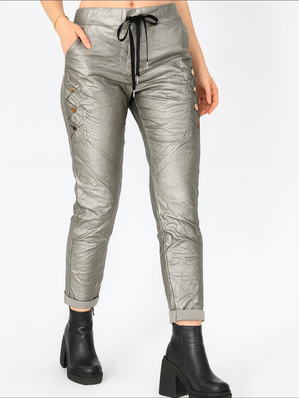 İtalyan Likralı Deri Pantolon - GÜMÜŞ