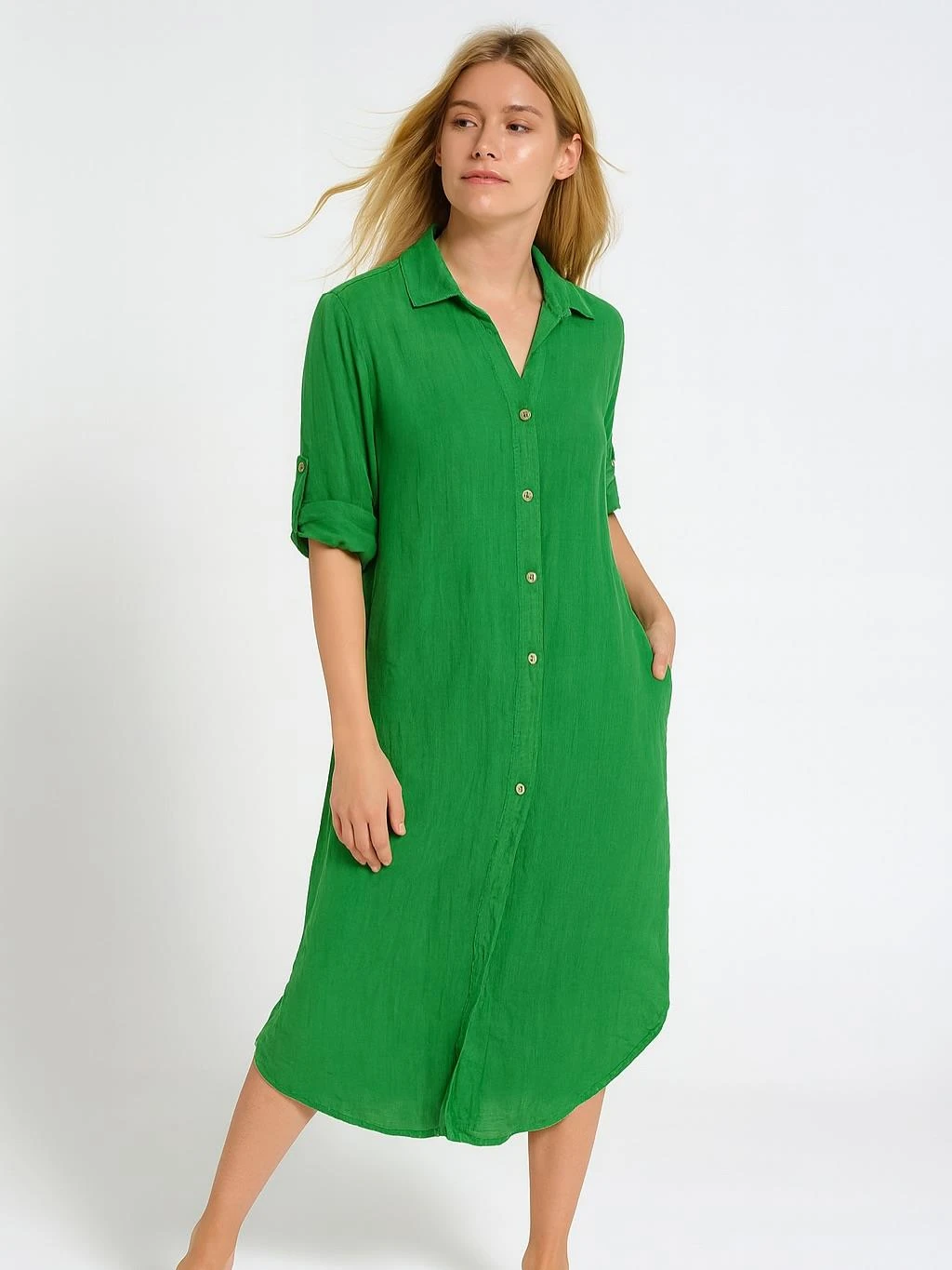 İtalyan Keten Sırtı Dantelli Elbise - YEŞİL