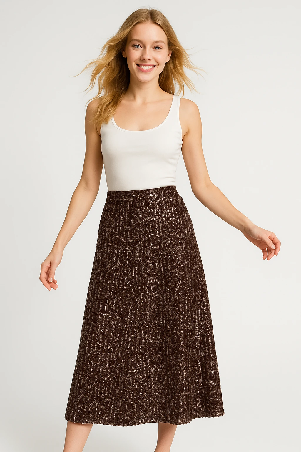 İtalyan Pul Payetli Etek - KAHVERENGİ