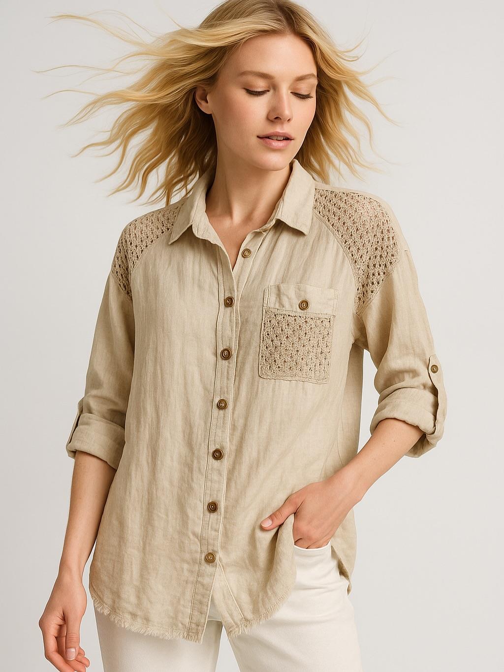 İtalyan Keten Dantel Detaylı Gömlek - BEJ