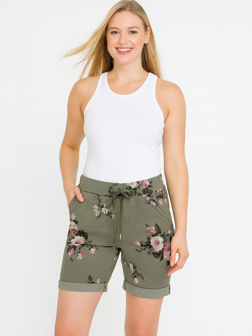 İtalyan Likralı Çiçek Desenli Şort - HAKİ