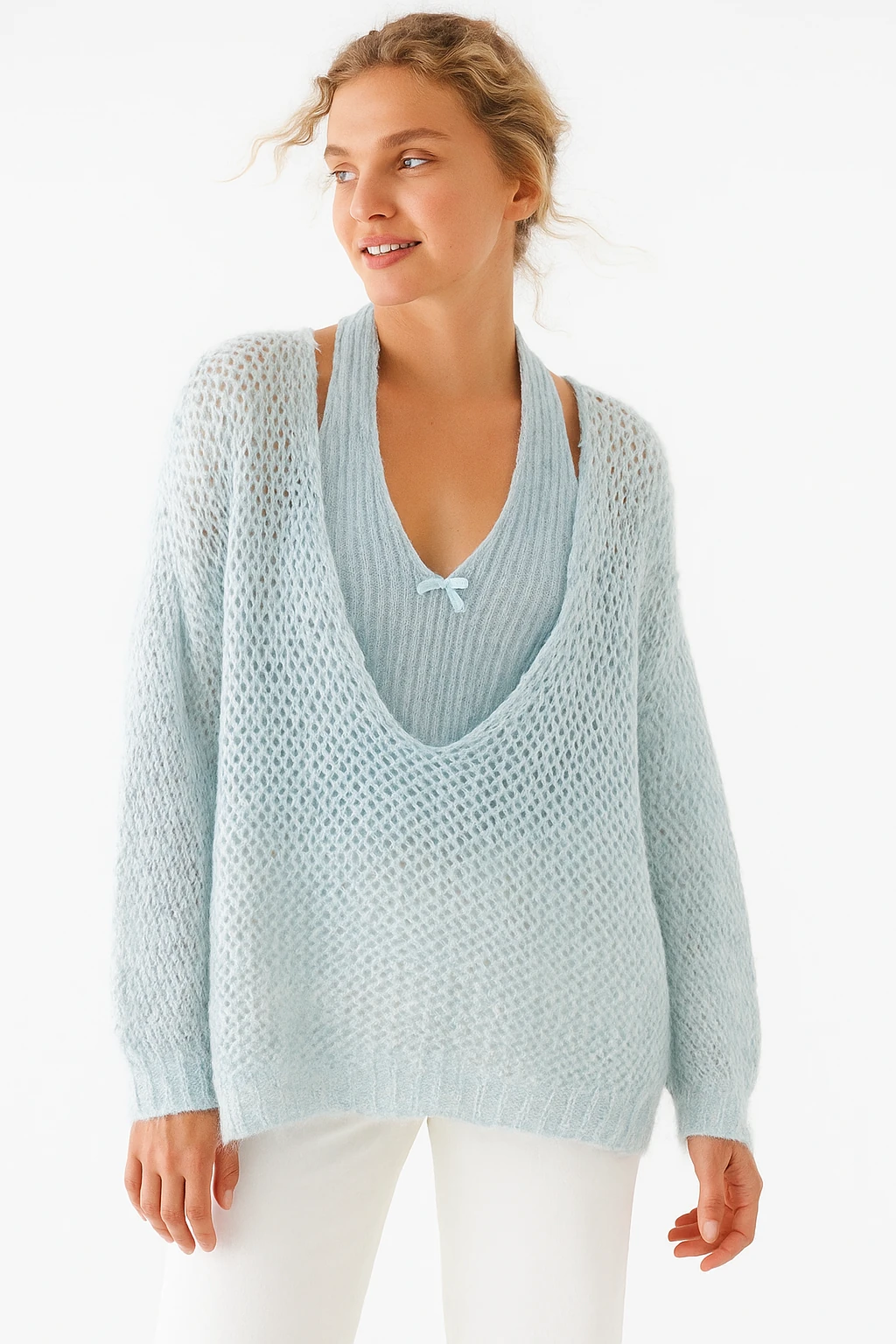 İtalyan İkili Triko Takım Bluz - MAVİ