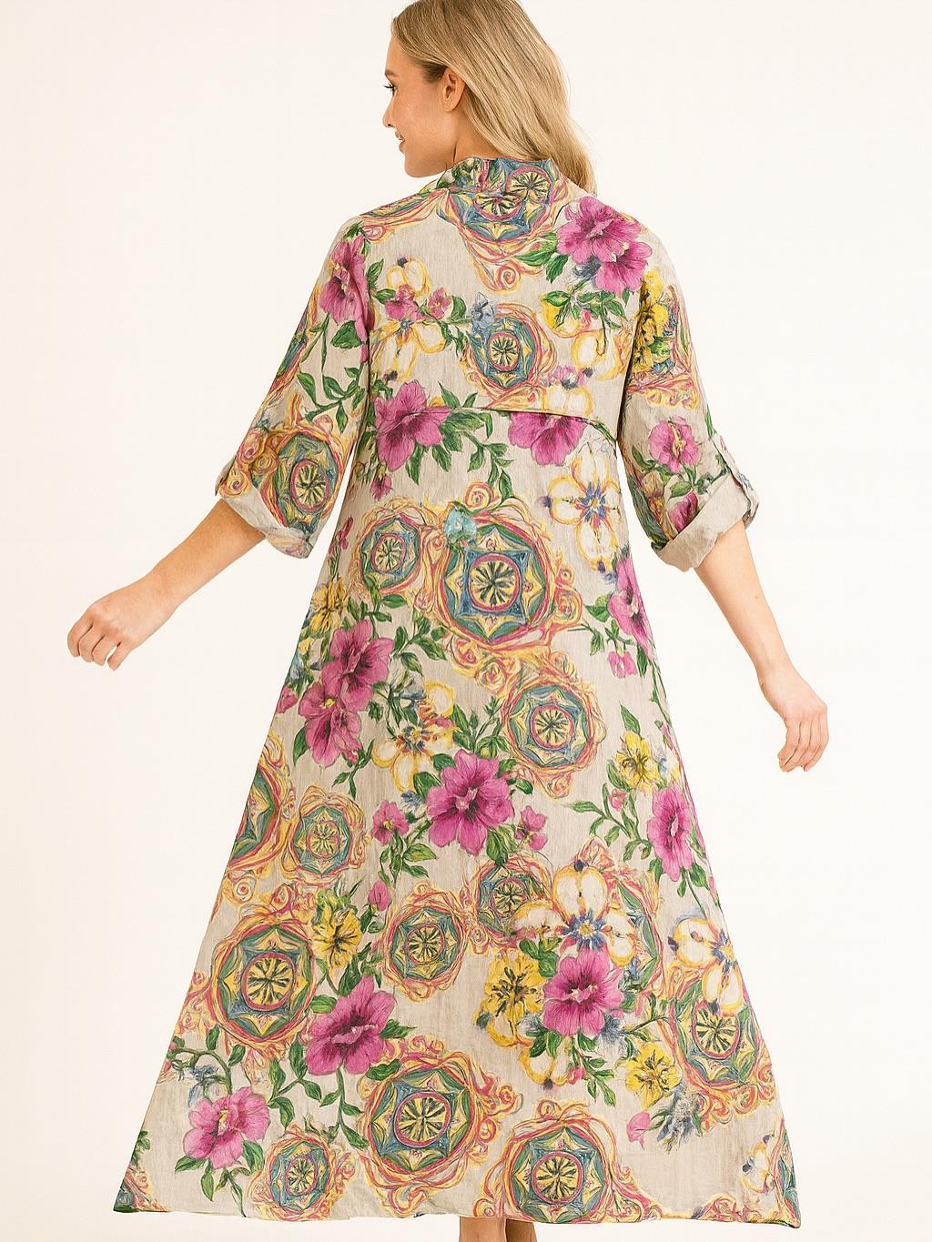 İtalyan Keten Çiçek Desenli Elbise - BEJ