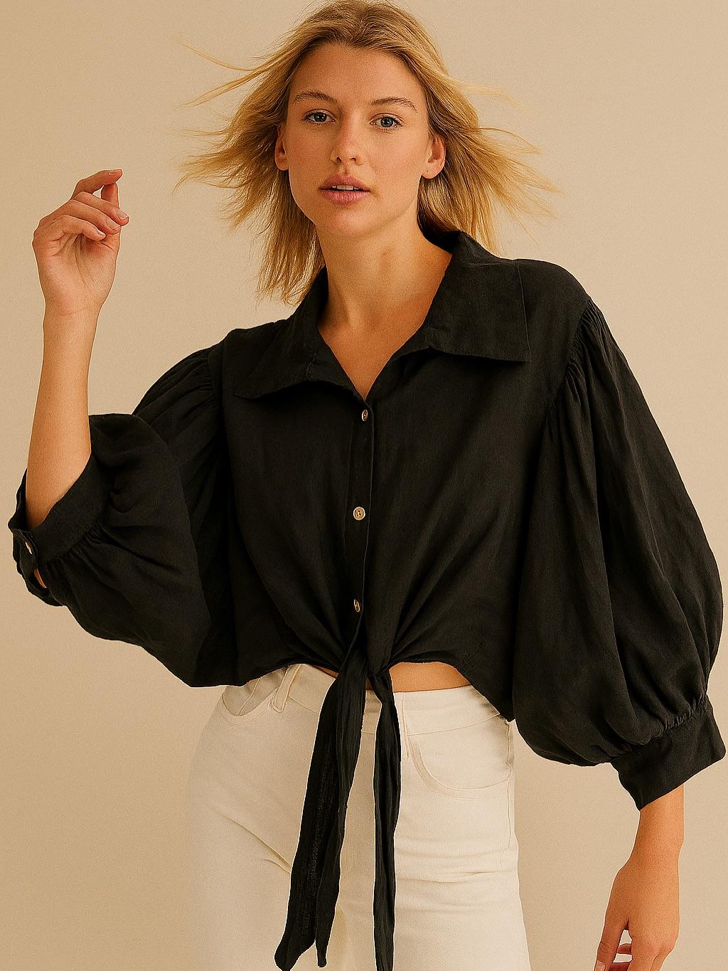 İtalyan  Özel Tasarım Keten Gömlek - SİYAH