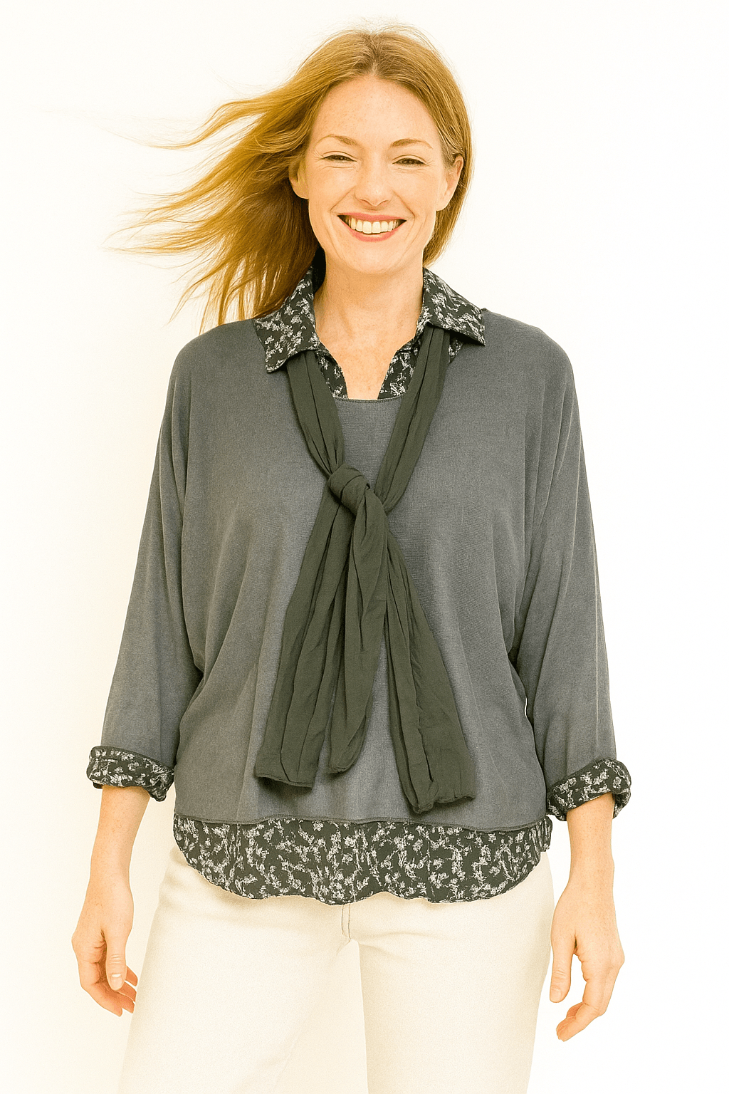 İtalyan Fularlı 3'lü Takım Bluz - HAKİ