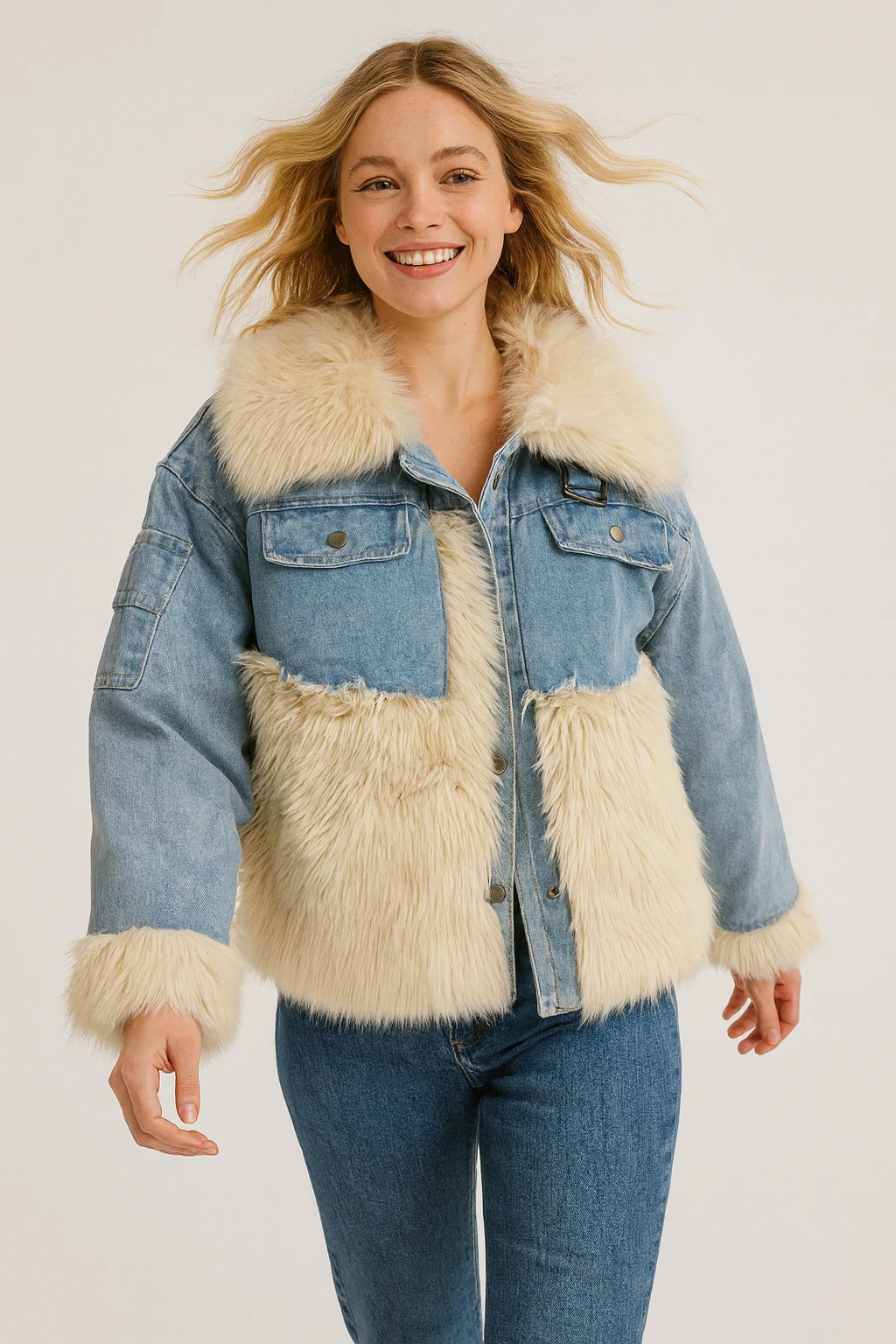 İtalyan Özel Tasarım Kot Detaylı Kürk - MAVİ