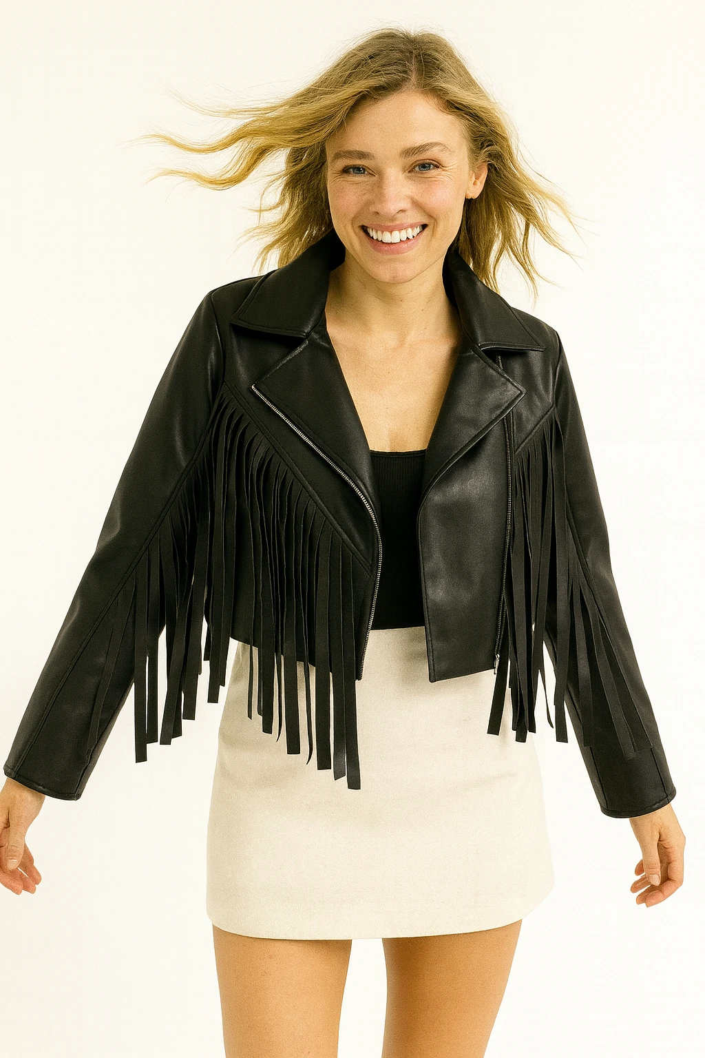 İtalyan Saçaklı Deri Ceket - SİYAH