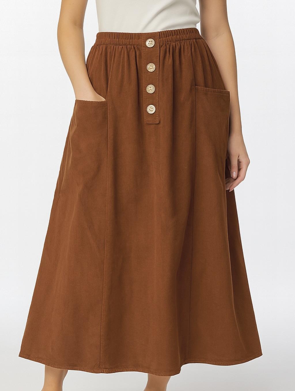 İtalyan Kadife Düğme Detaylı Etek - KAHVERENGİ
