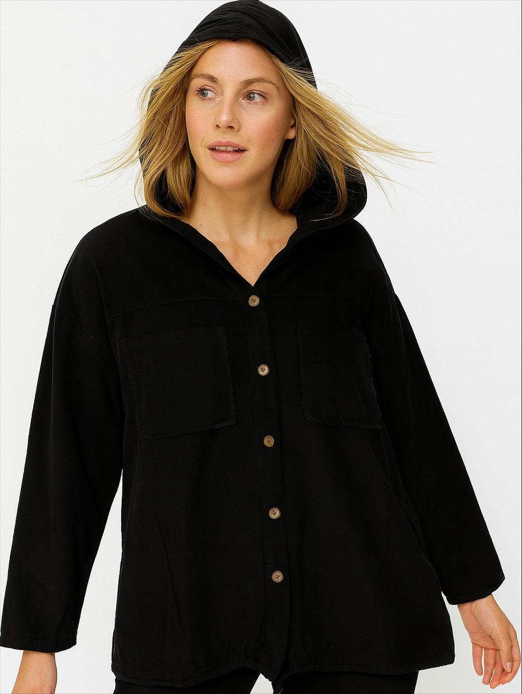 İtalyan Kadife Kapüşonlu Ceket - SİYAH