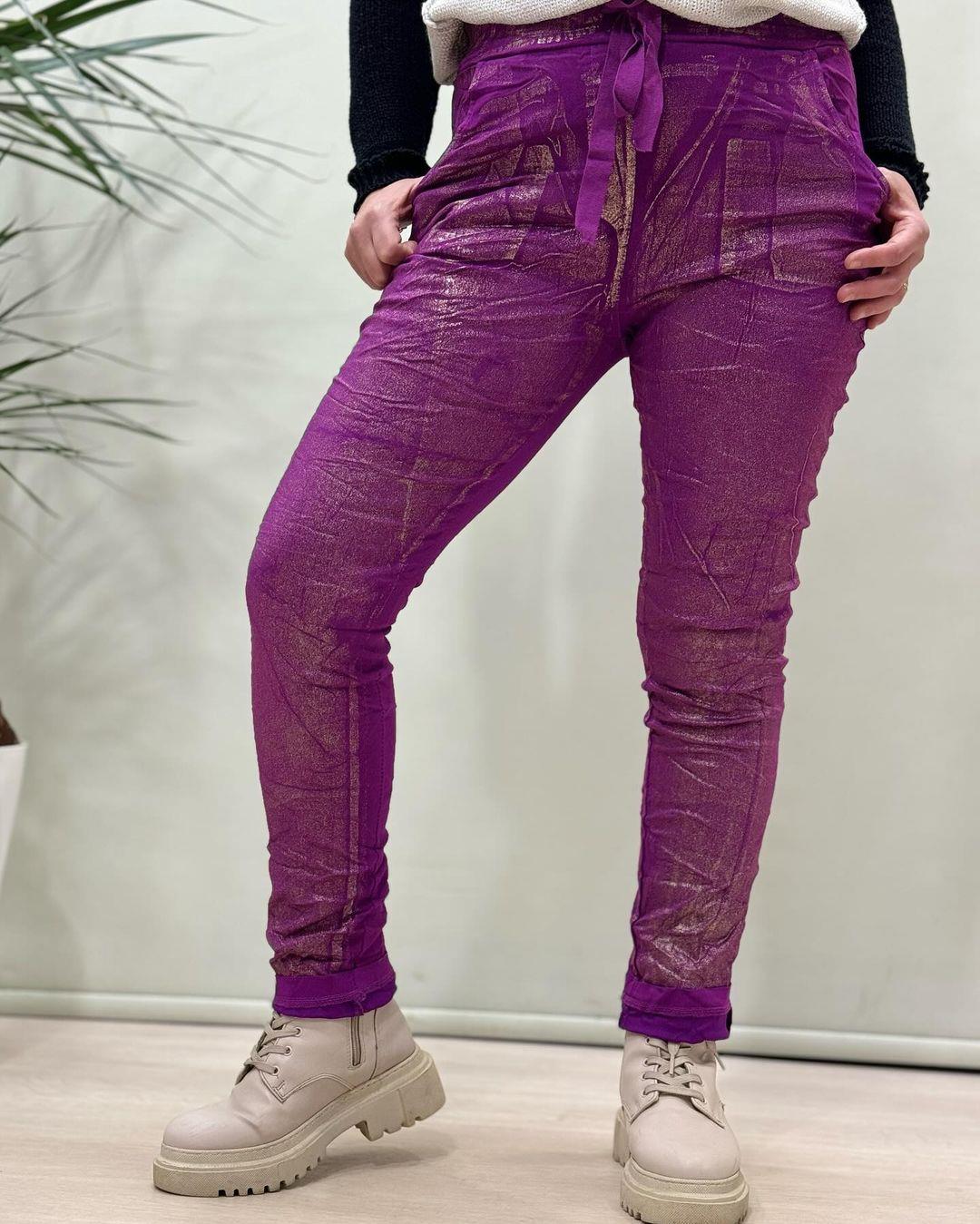 İtalyan Varak Baskılı Likralı Pantolon - FUŞYA