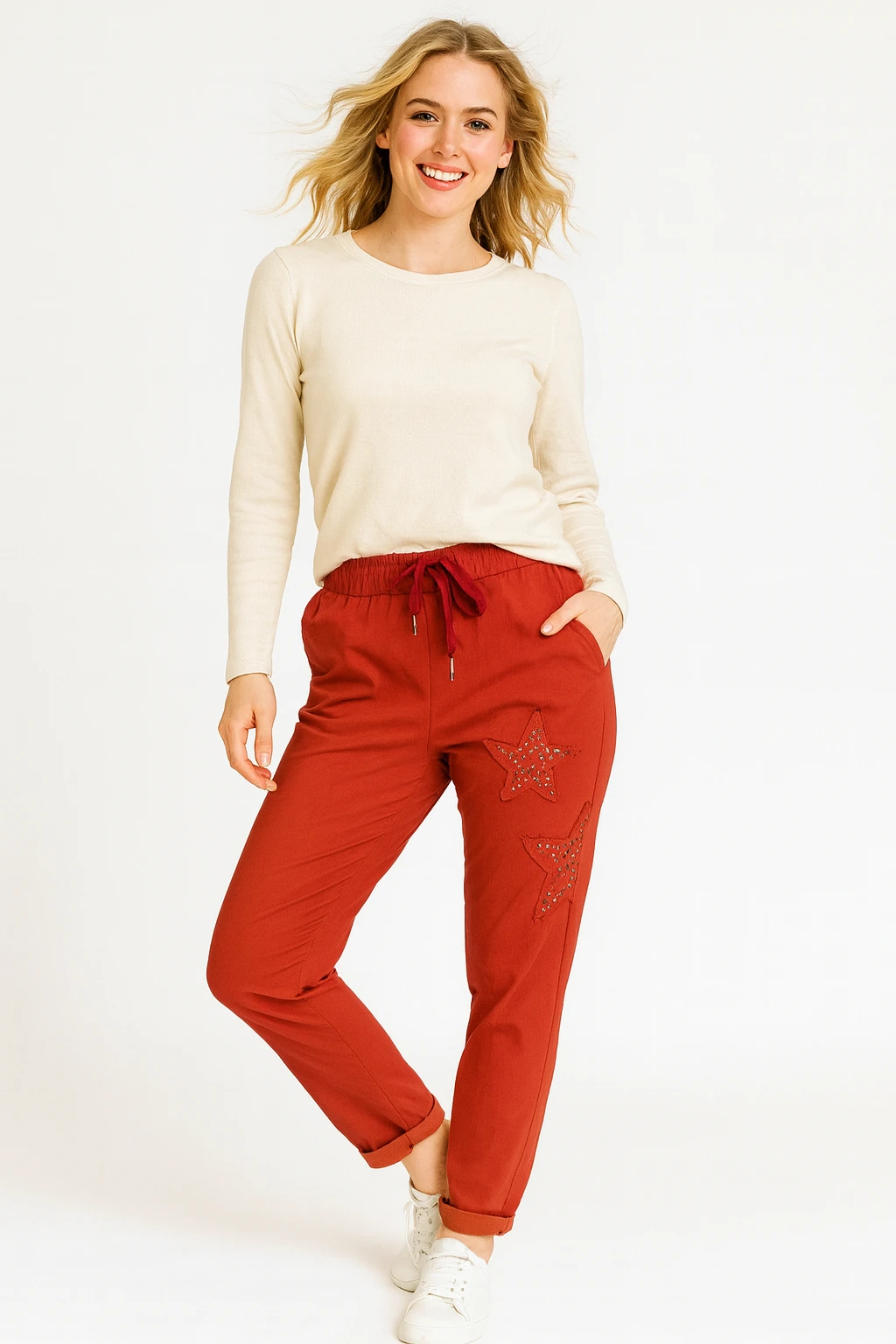 İtalyan Yıldız Detaylı Likralı Pantolon - KIRMIZI