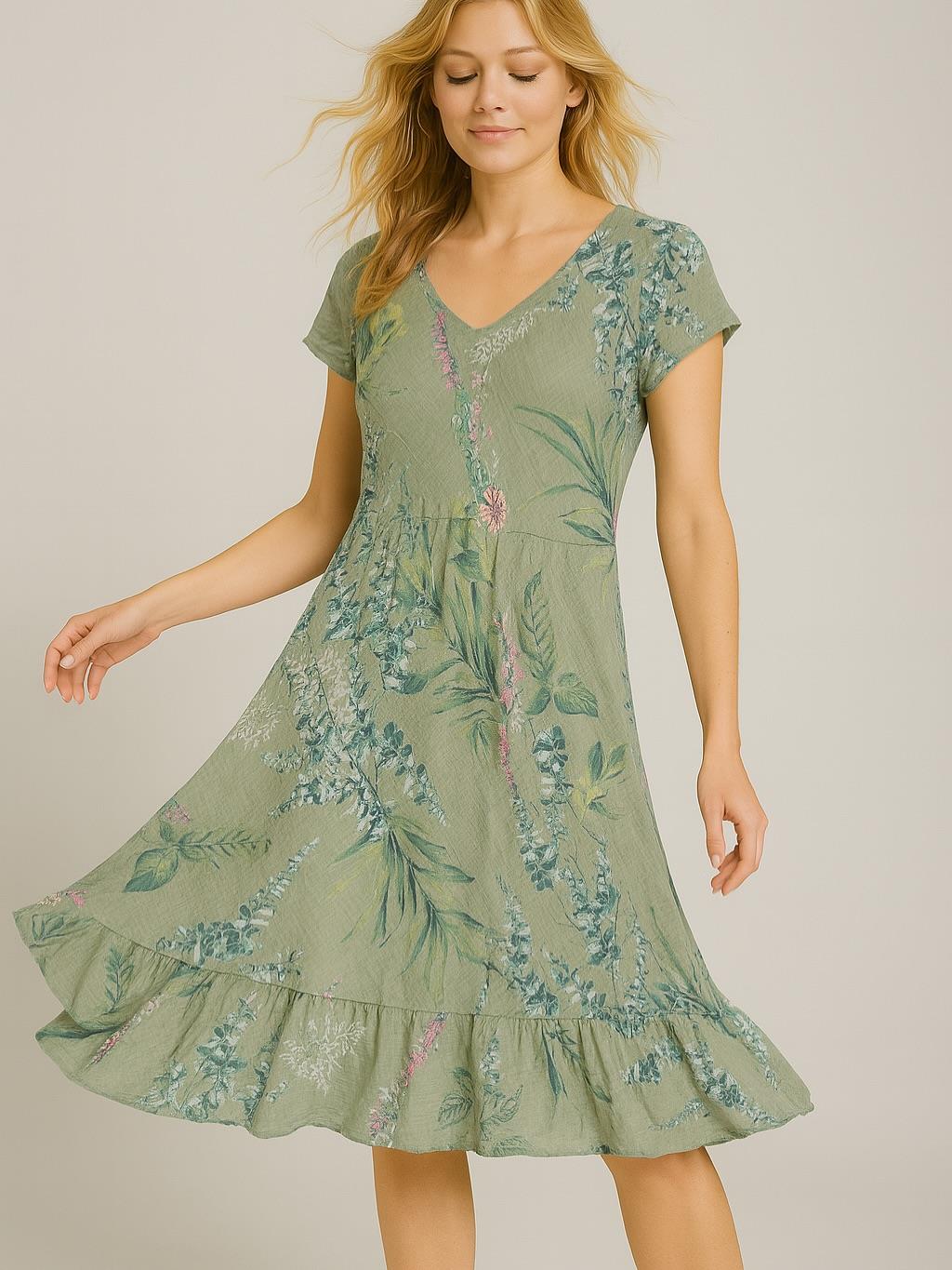 İtalyan Pamuk Keten Elbise - HAKİ