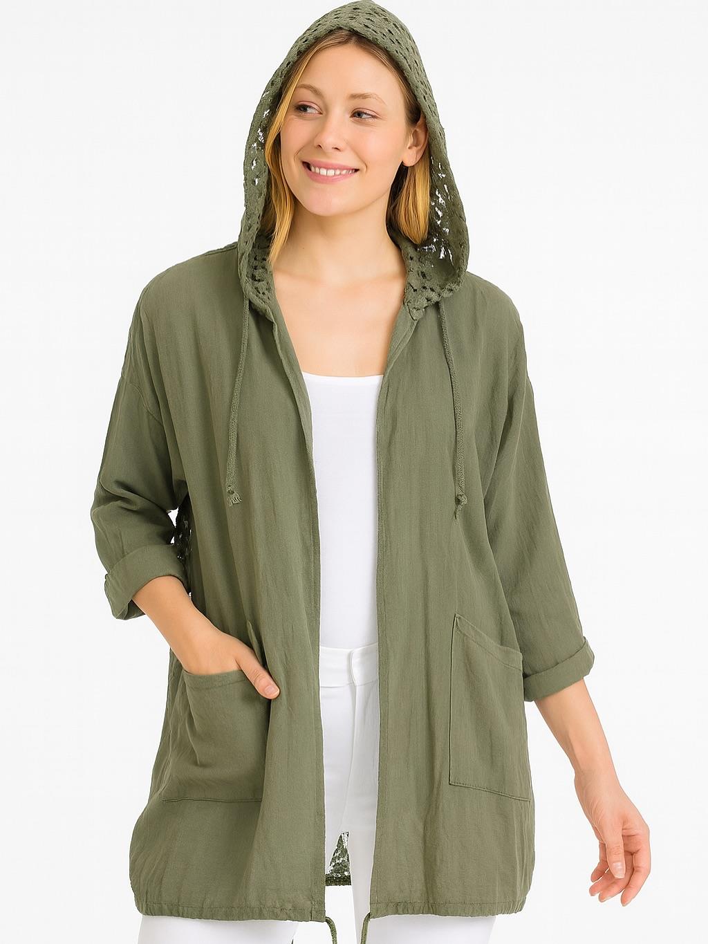 İtalyan Keten Dantel Detaylı Kapüşonlu Ceket - HAKİ