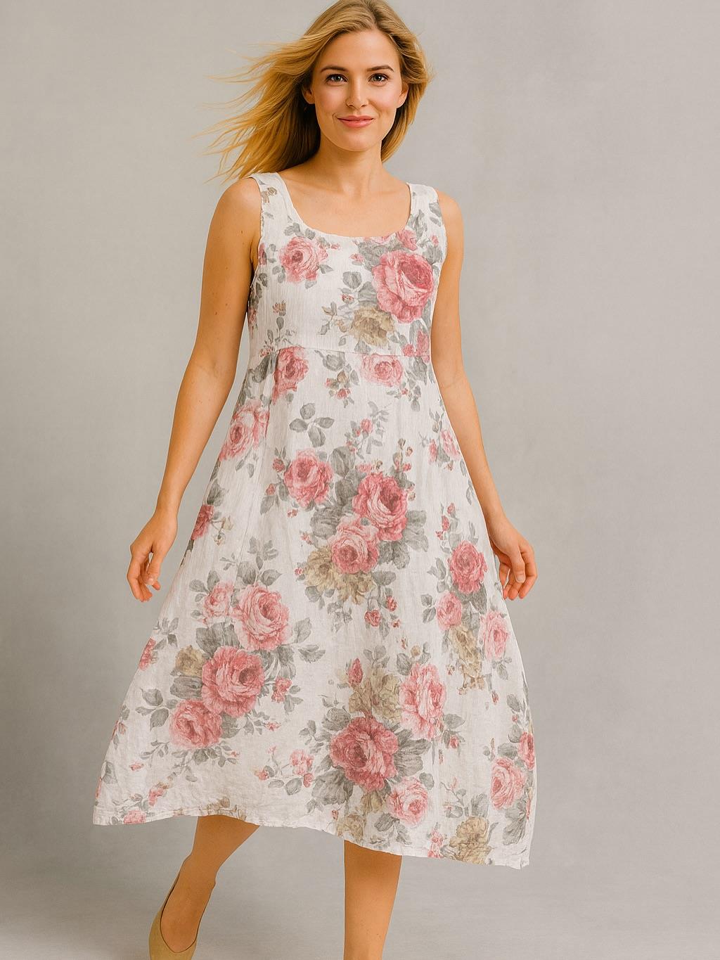 İtalyan Çiçek Desenli Keten Elbise - BEYAZ