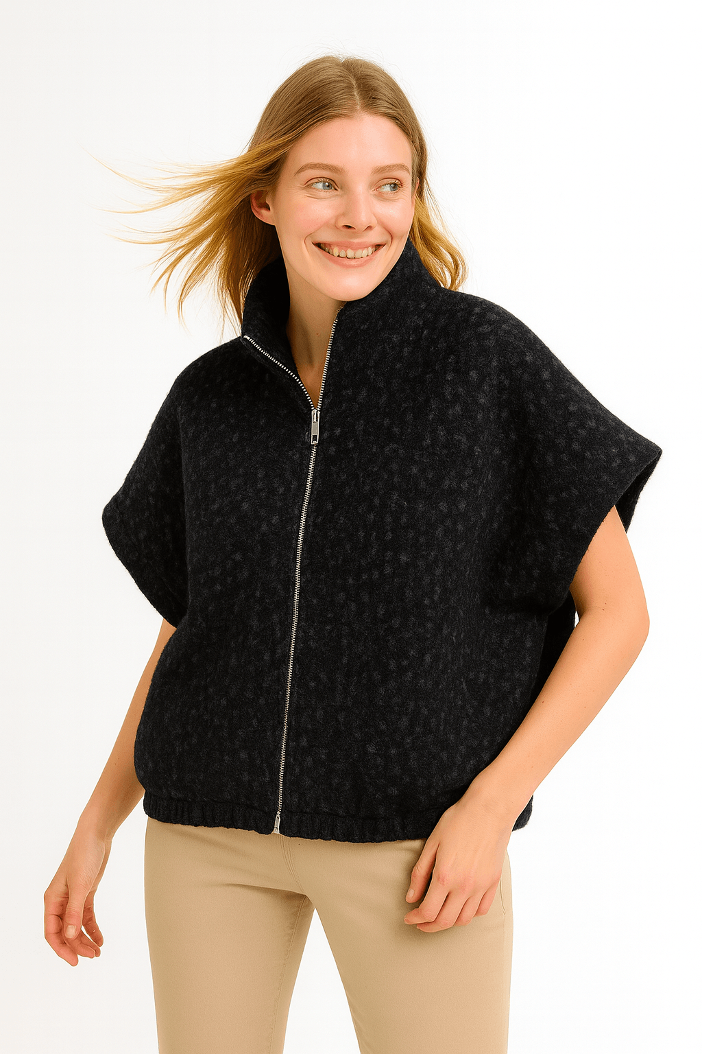 İtalyan Fermuarlı Keçe Yelek - SİYAH