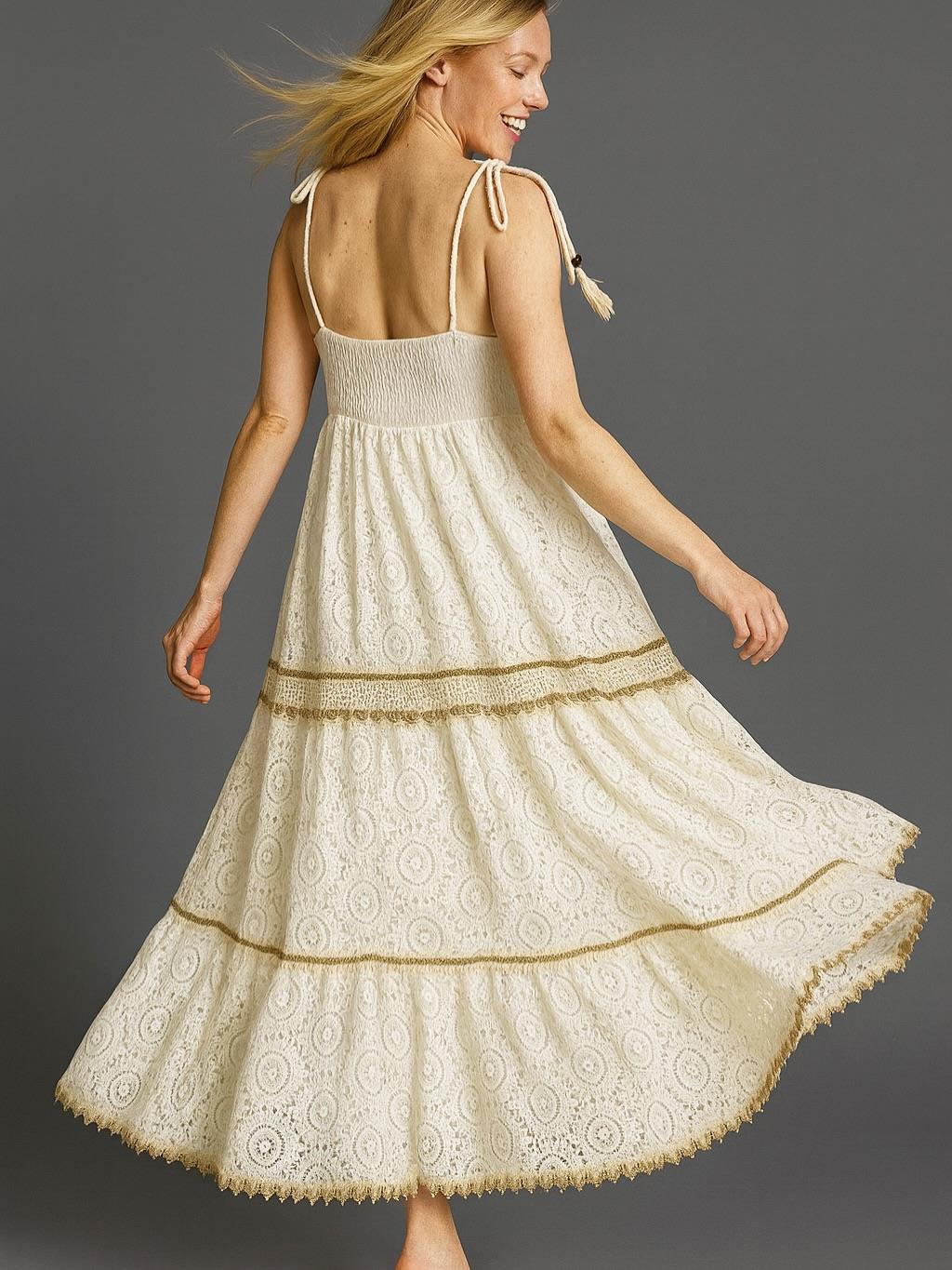 İtalyan Dantel Omuzdan Bağlamalı Elbise - BEYAZ