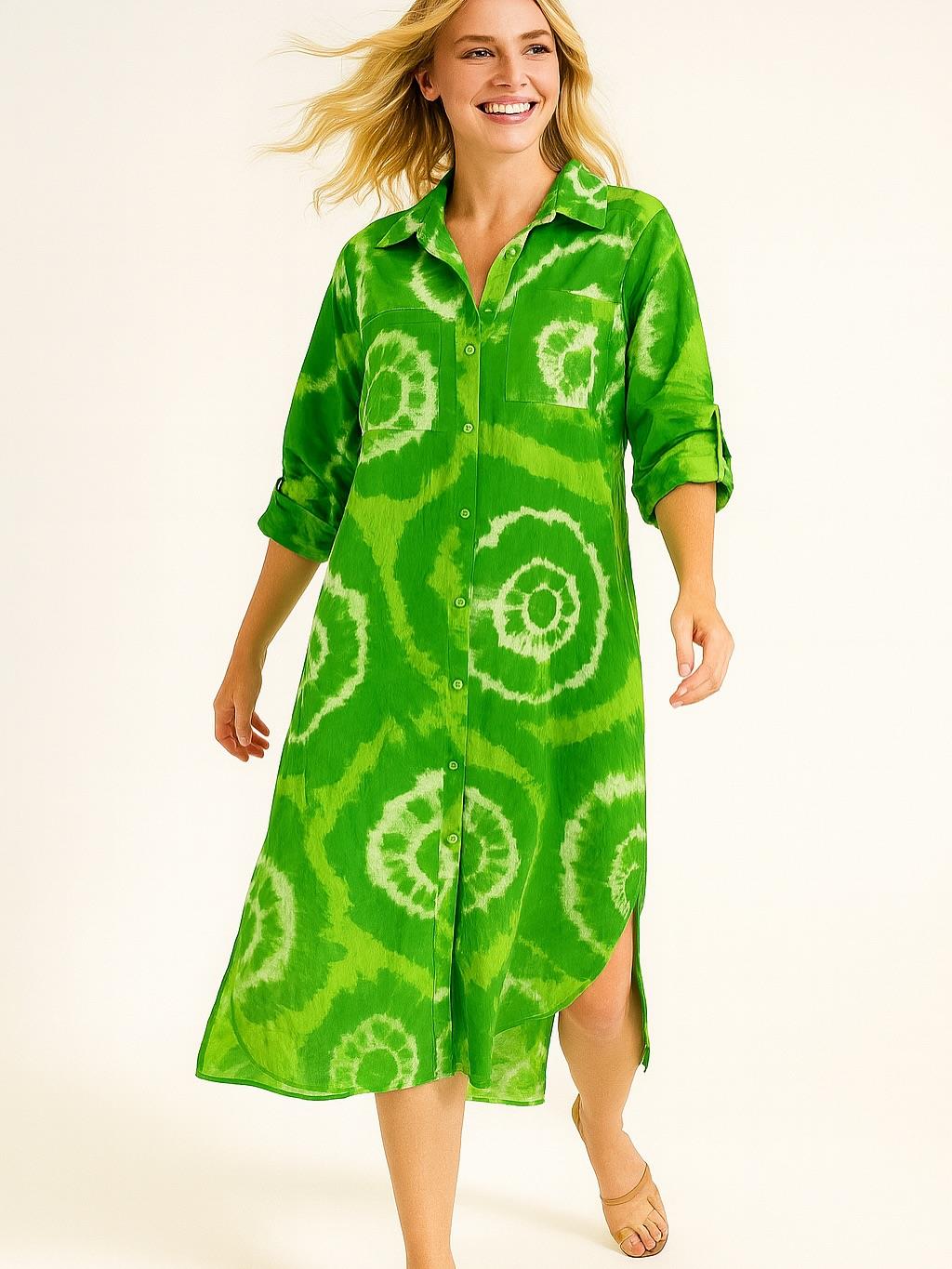 İtalyan Pamuk Dalga Desen Elbise - YEŞİL