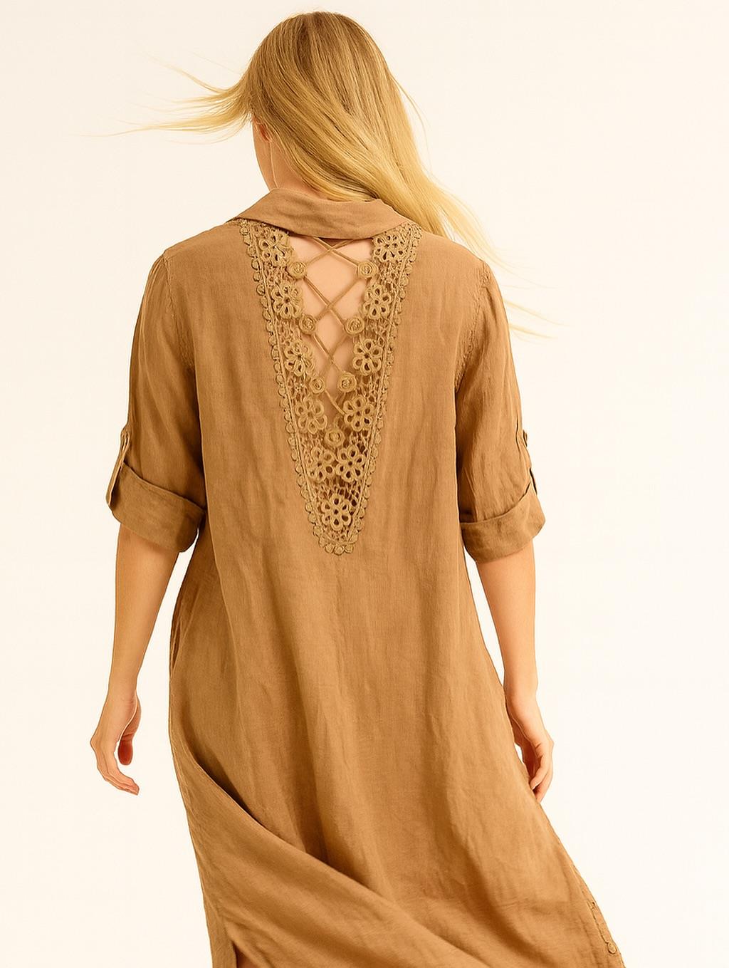 İtalyan Keten Sırtı Dantelli Elbise - BAL