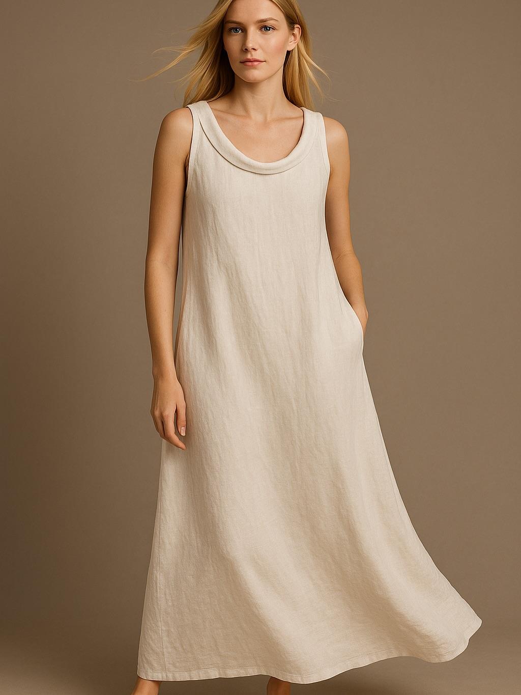 İtalyan Yaka Detaylı Keten Elbise - BEYAZ