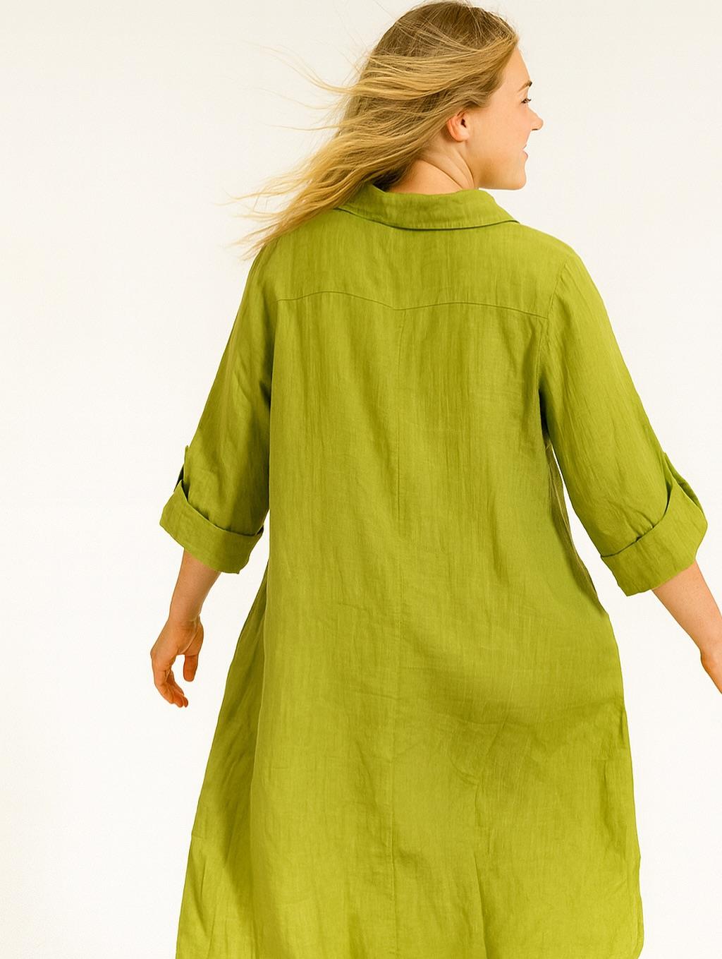 İtalyan Keten Gömlek Elbise - YAĞ YEŞİLİ