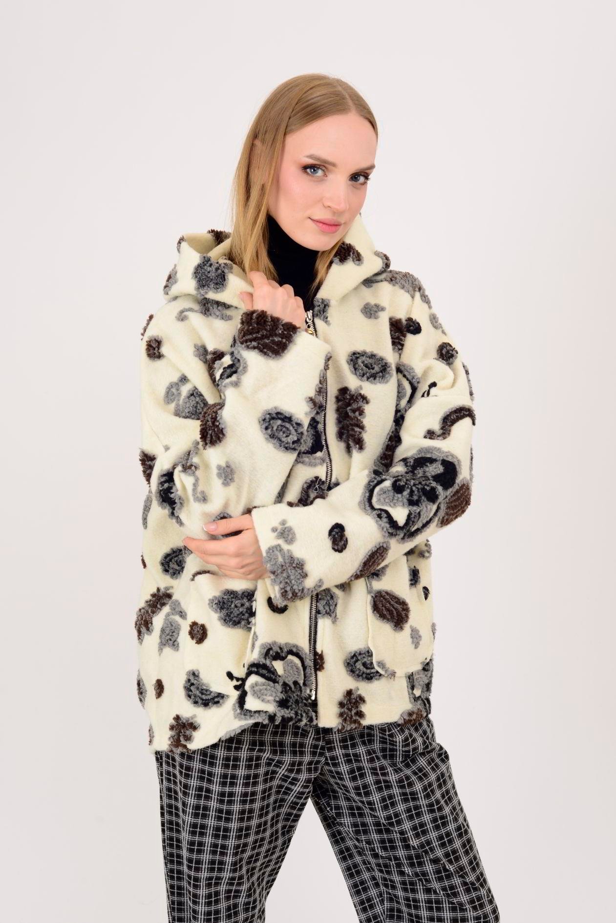 İtalyan Çiçek Tasarımlı Kapüşonlu Keçe Kaban - BEYAZ