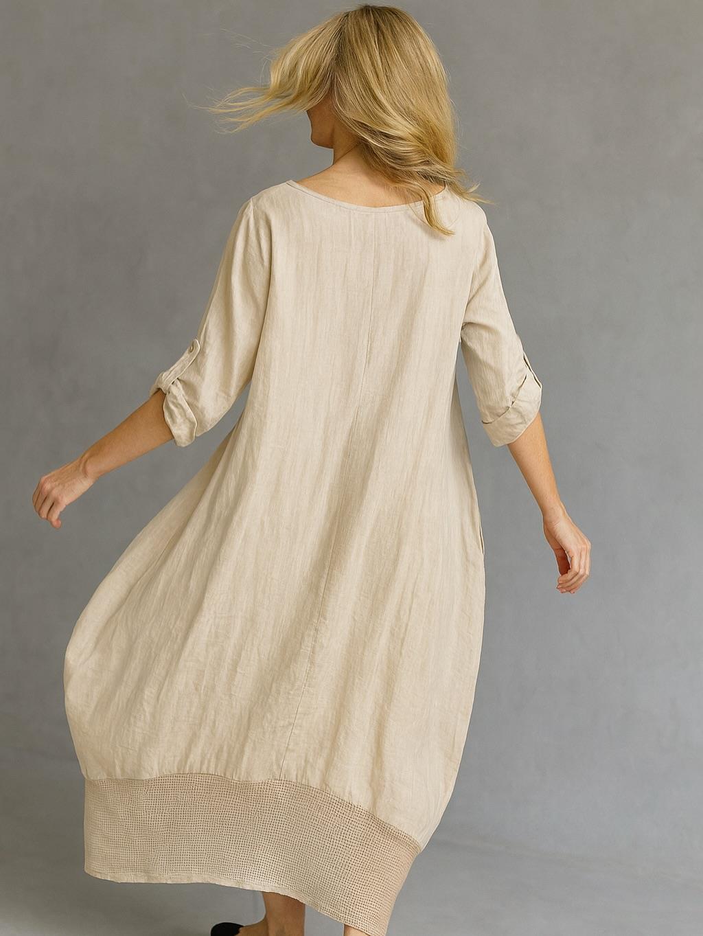 İtalyan Keten Dikiş Detaylı Elbise - BEJ