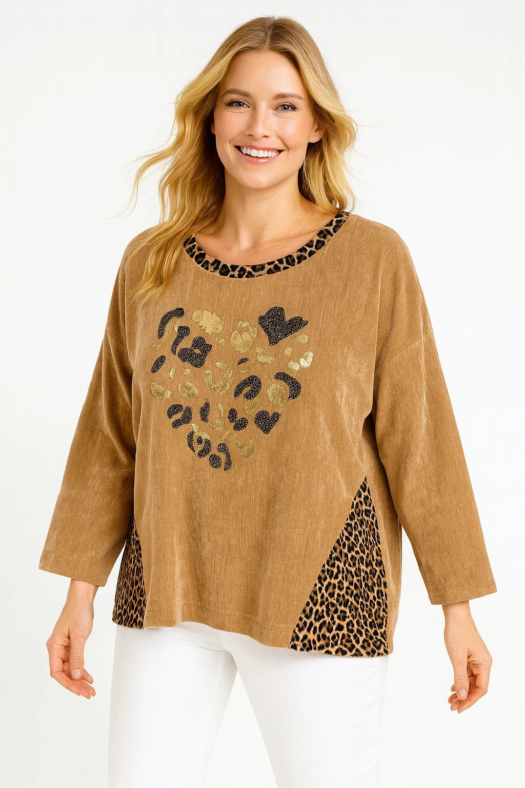 İtalyan Kalp Desenli Kadife Bluz - VİZON