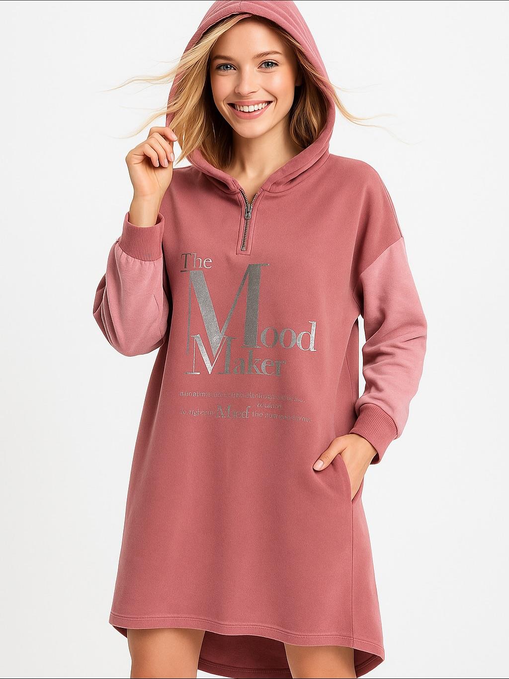 İtalyan Kapüşonlu Nubuk Elbise - PUDRA PEMBE