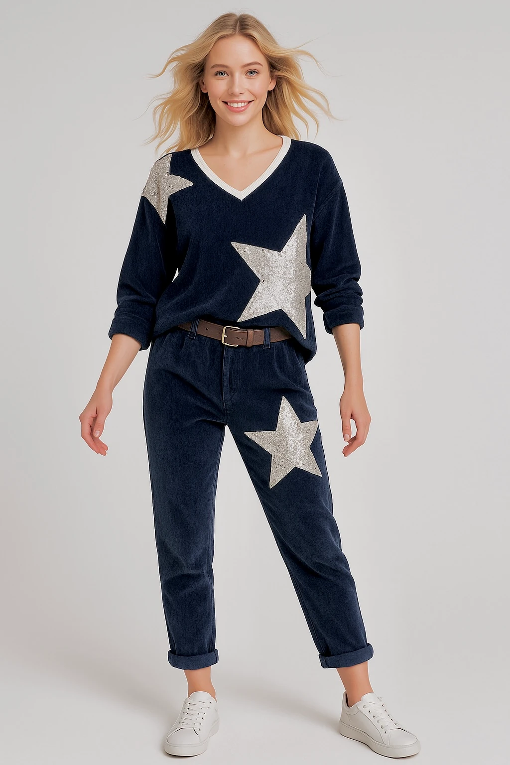 İtalyan Yıldız Detaylı Kadife Takım - LACİVERT