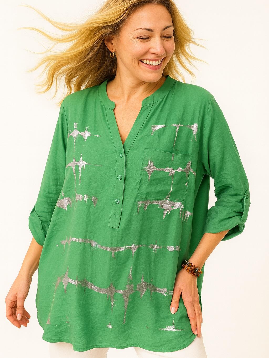 İtalyan Keten Varak Baskılı Bluz - YEŞİL