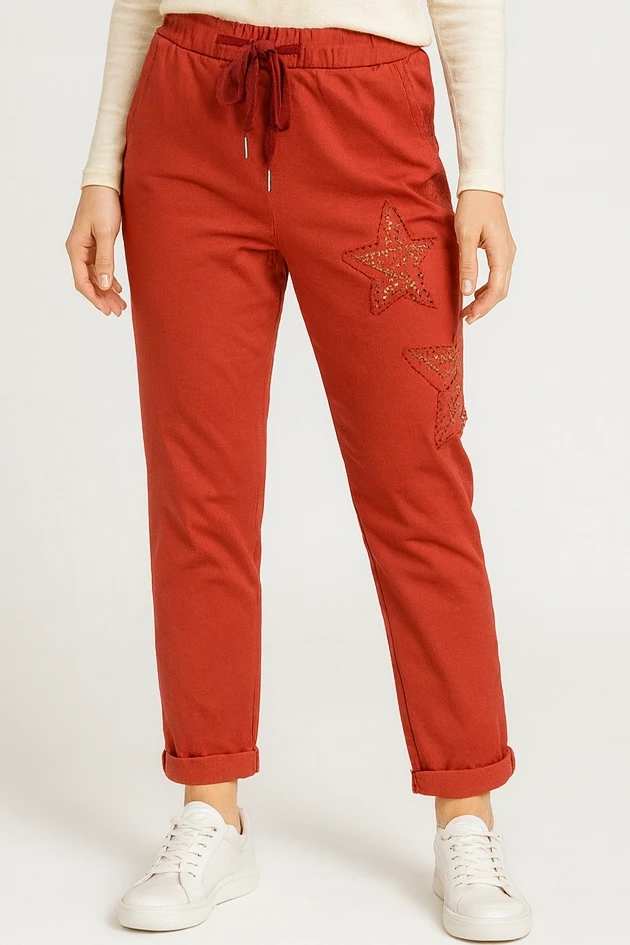 İtalyan Yıldız Detaylı Likralı Pantolon - KIRMIZI