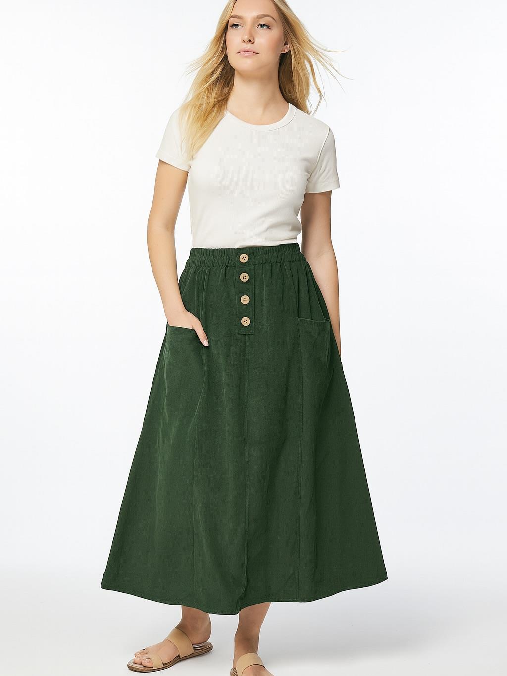 İtalyan Kadife Düğme Detaylı Etek - YEŞİL