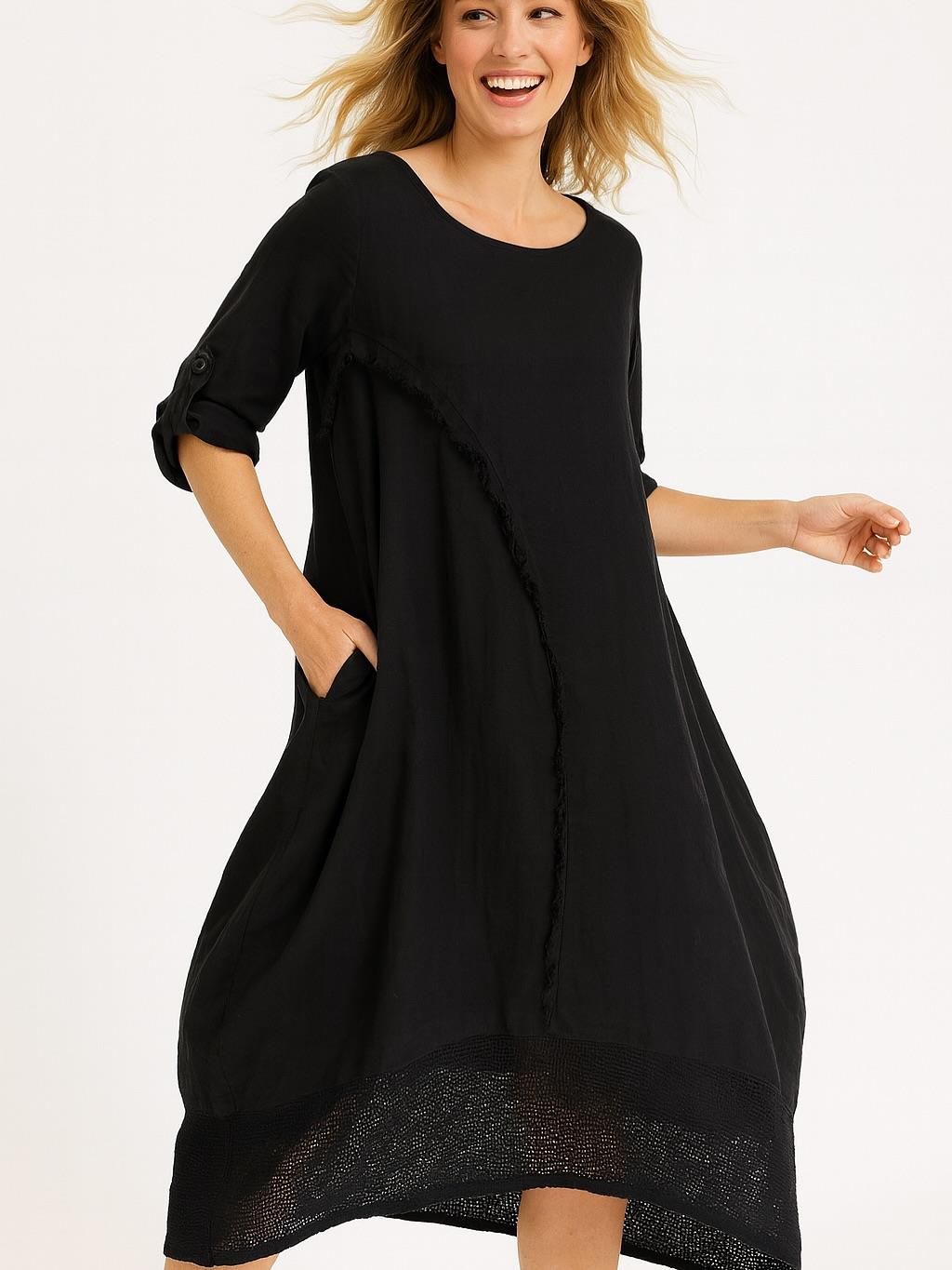 İtalyan Keten Dikiş Detaylı Elbise - SİYAH