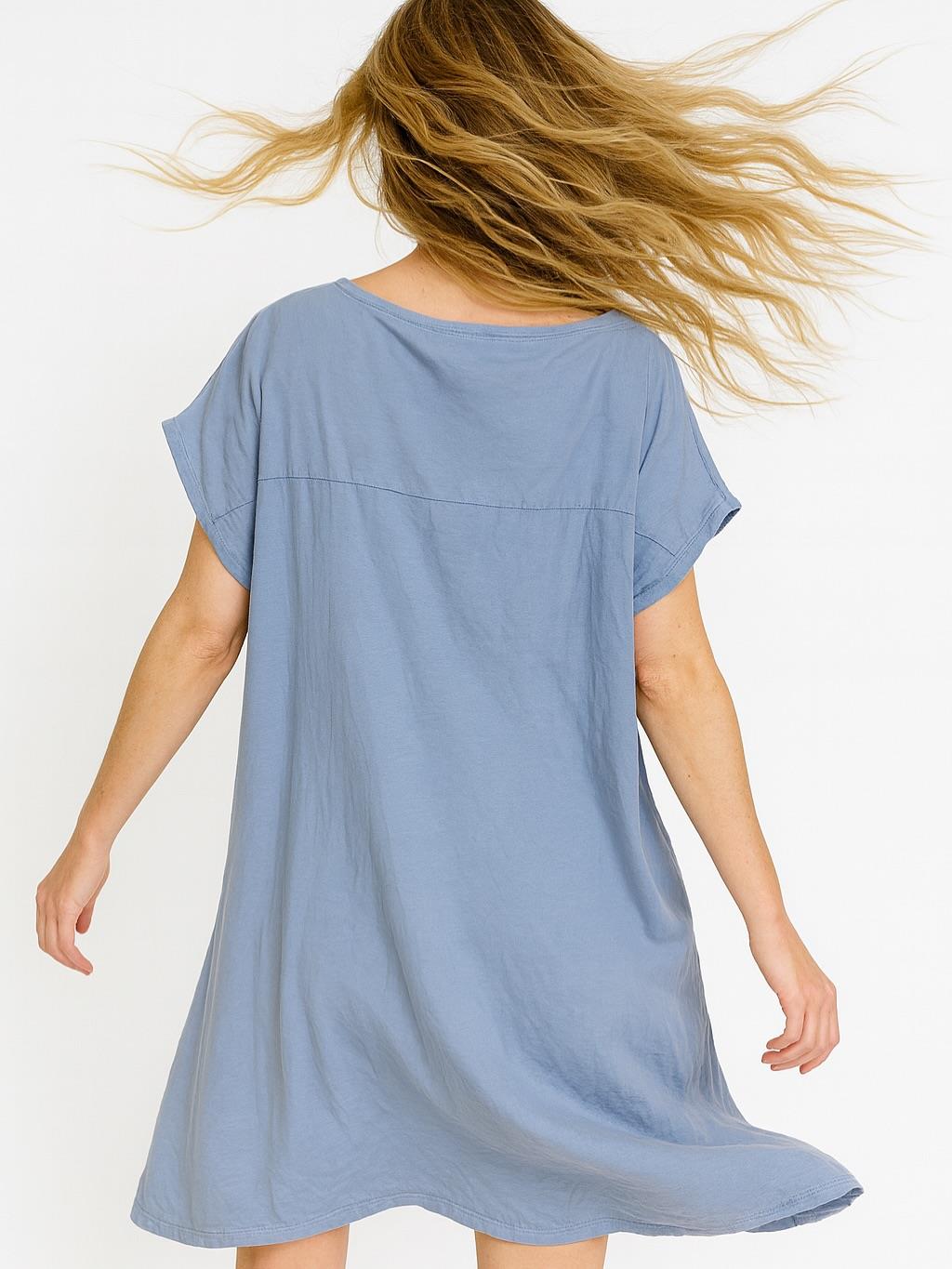 İtalyan Keten Varak Baskılı Elbise - MAVİ