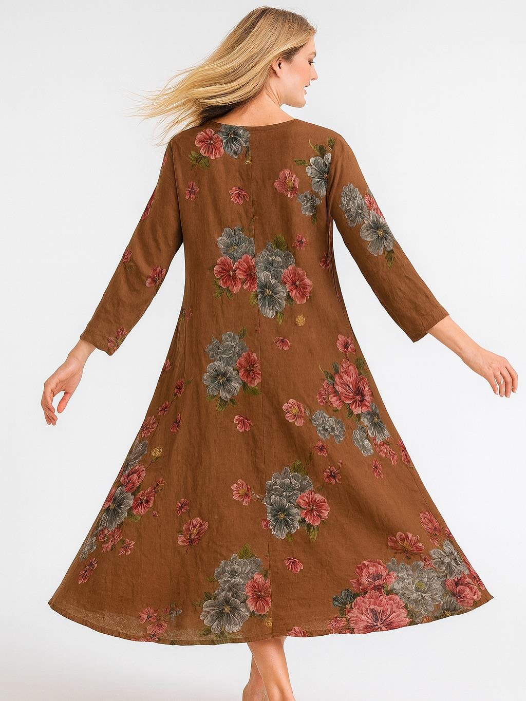 İtalyan Keten Çiçek Desenli Elbise - KİREMİT