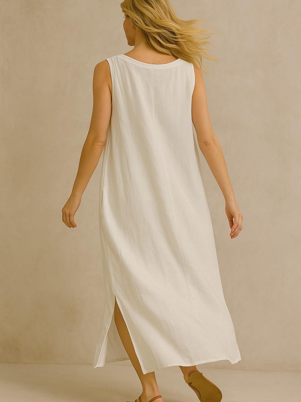 İtalyan Keten Elbise - BEYAZ