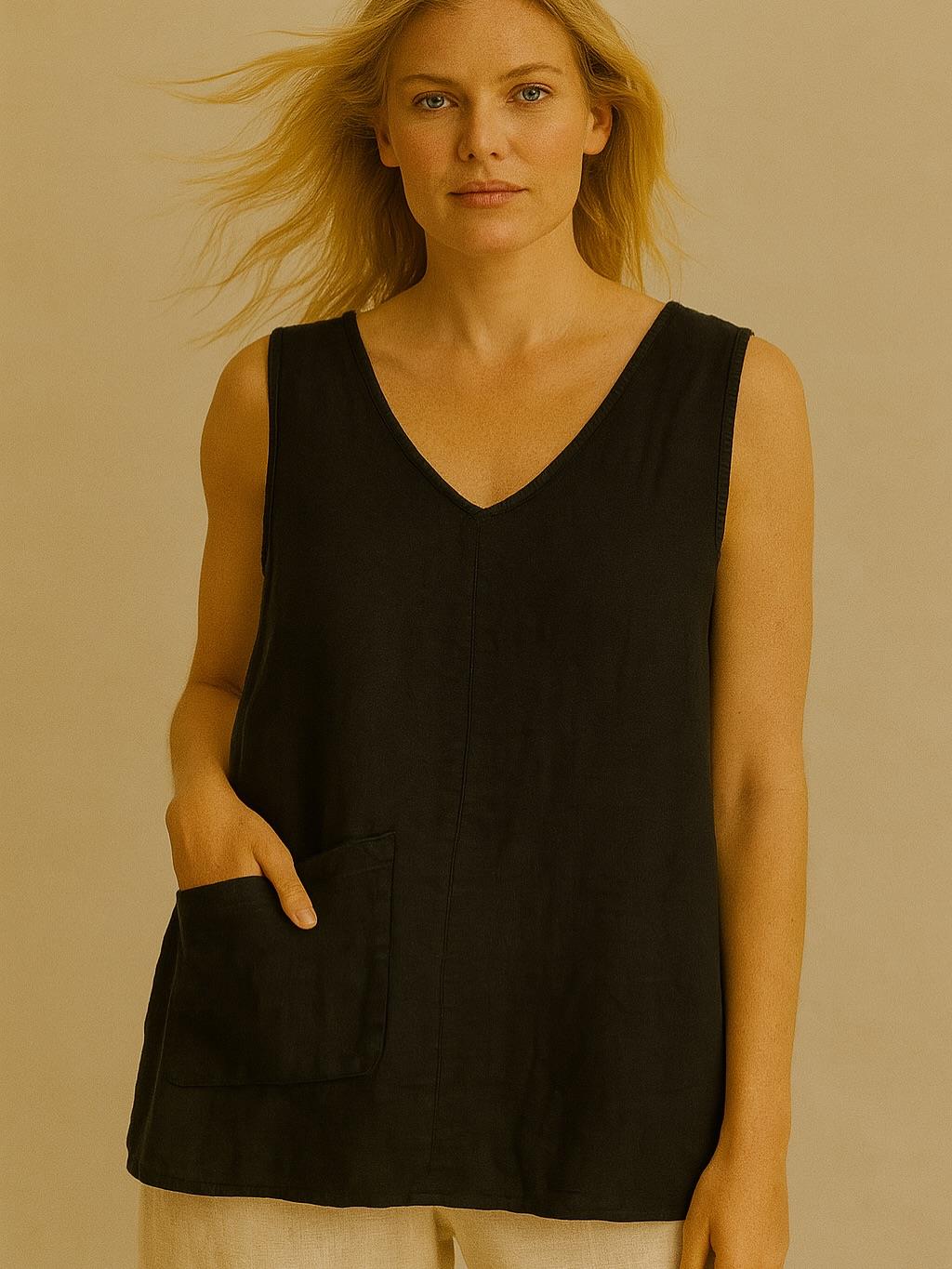 İtalyan Sırt Dantel Detaylı Keten Bluz - SİYAH