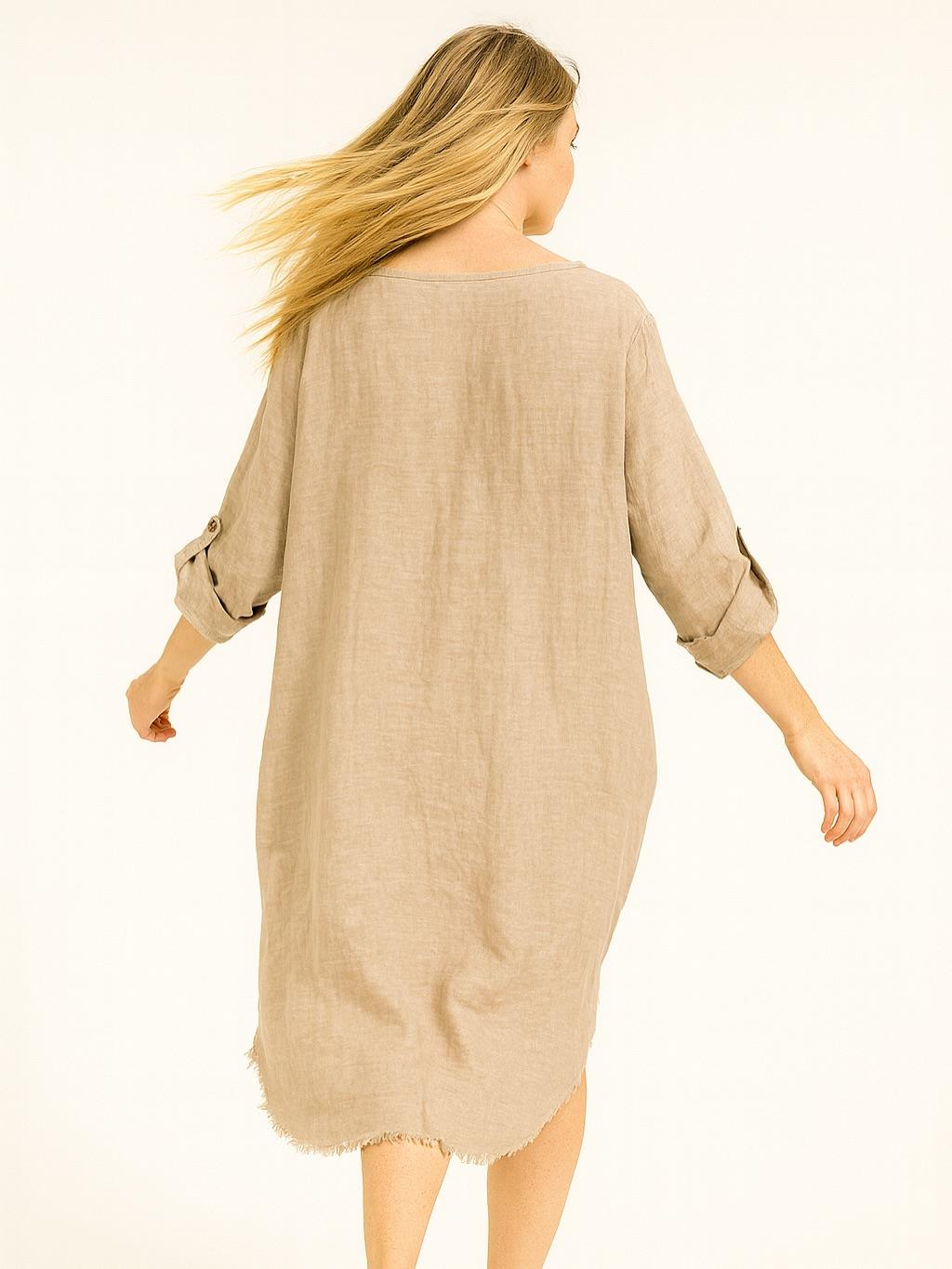 İtalyan Keten Dikiş Detaylı Elbise - BEJ