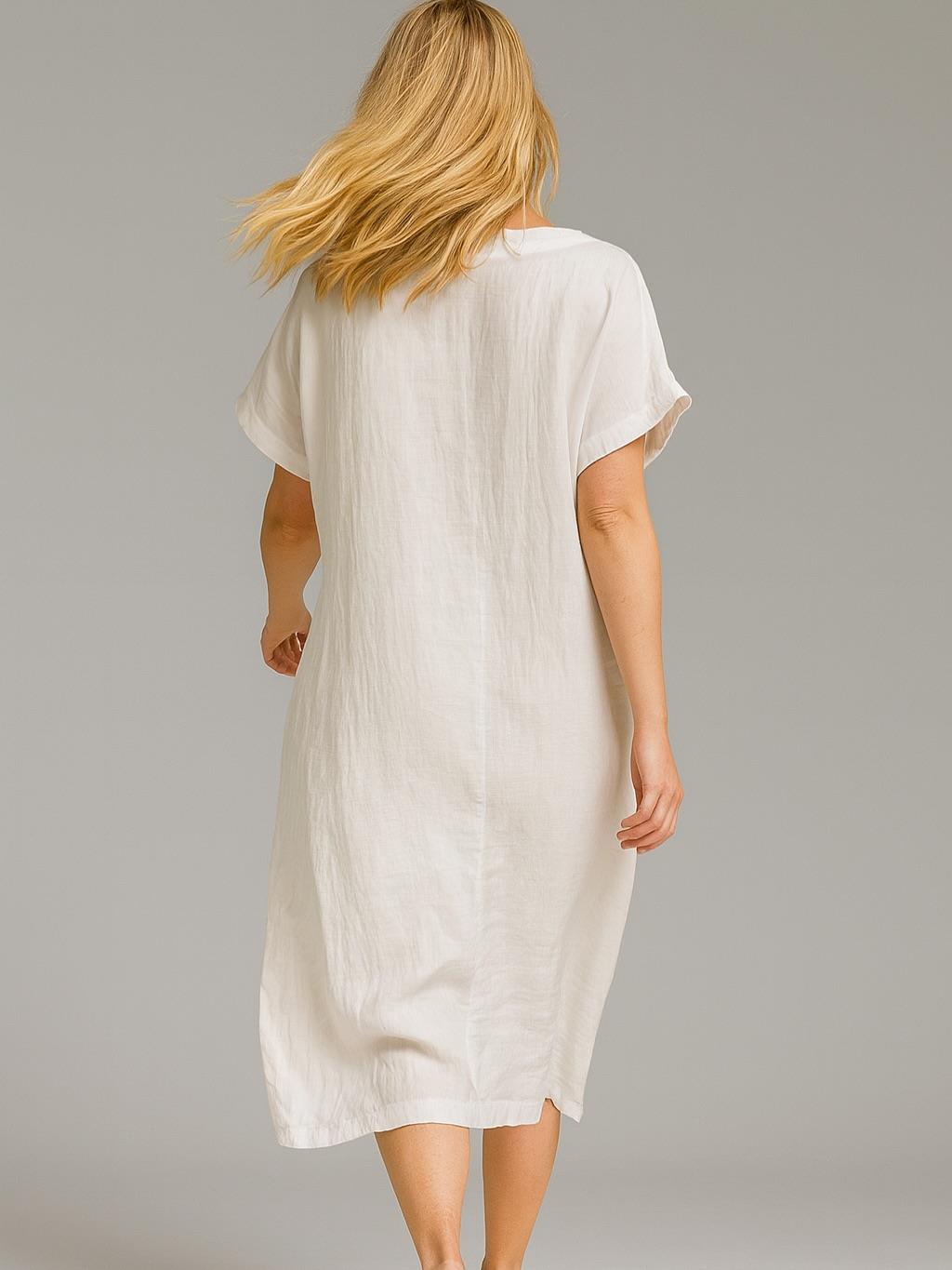 İtalyan Keten Toka Detaylı Elbise - BEYAZ