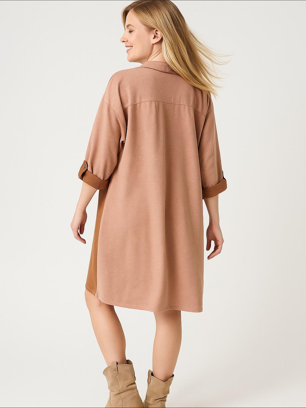 İtalyan Yazı Detaylı Nubuk Elbise - AÇIK KAHVE