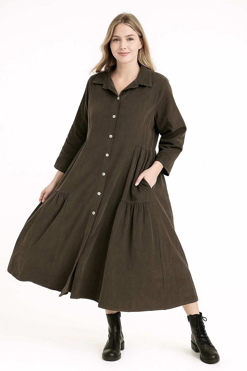 İtalyan Kadife Gömlek Elbise - KOYU KAHVE